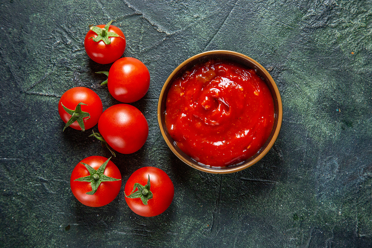 top view fresh red tomatoes with tomato paste dark surface
