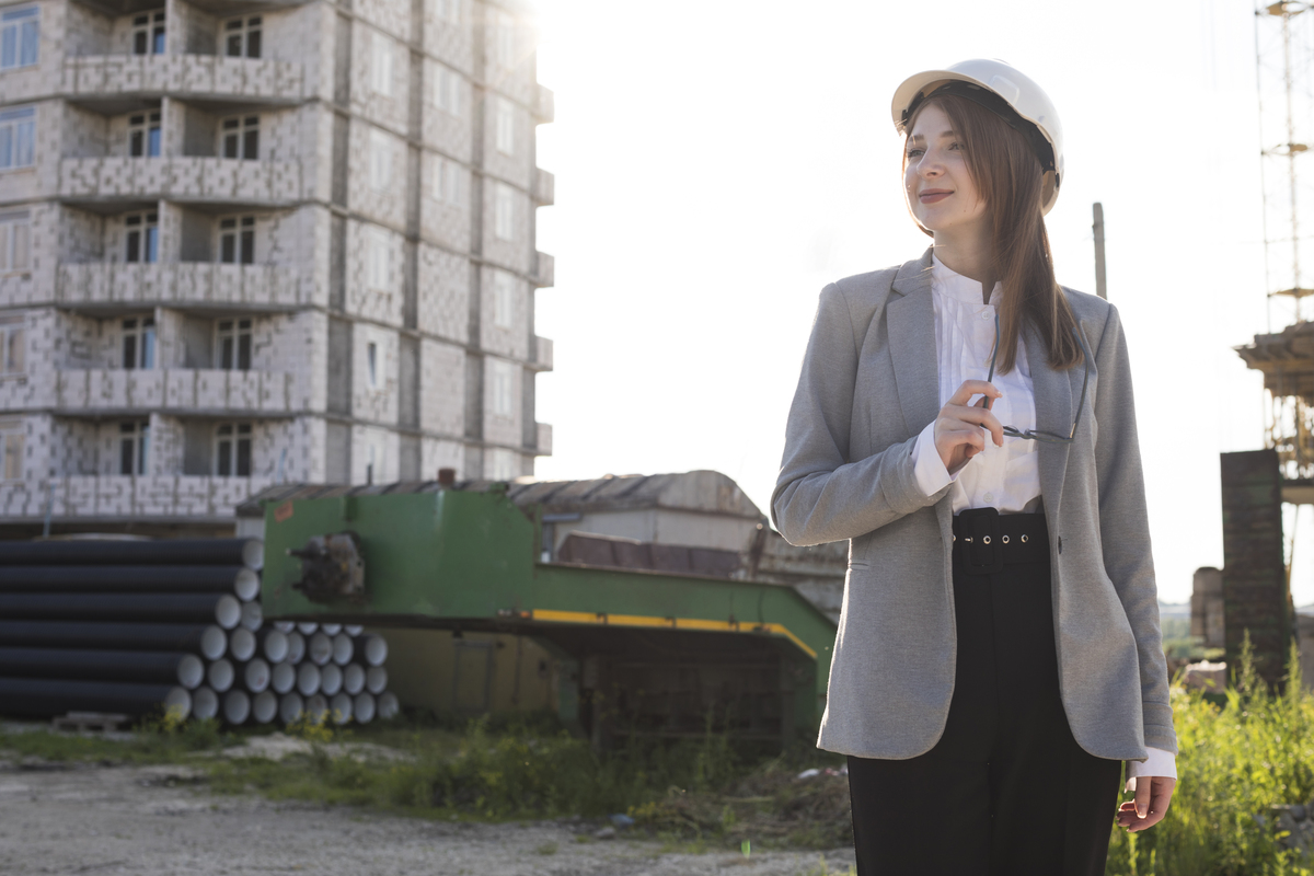 smiling woman holding spectacle standing construction site looking away 1