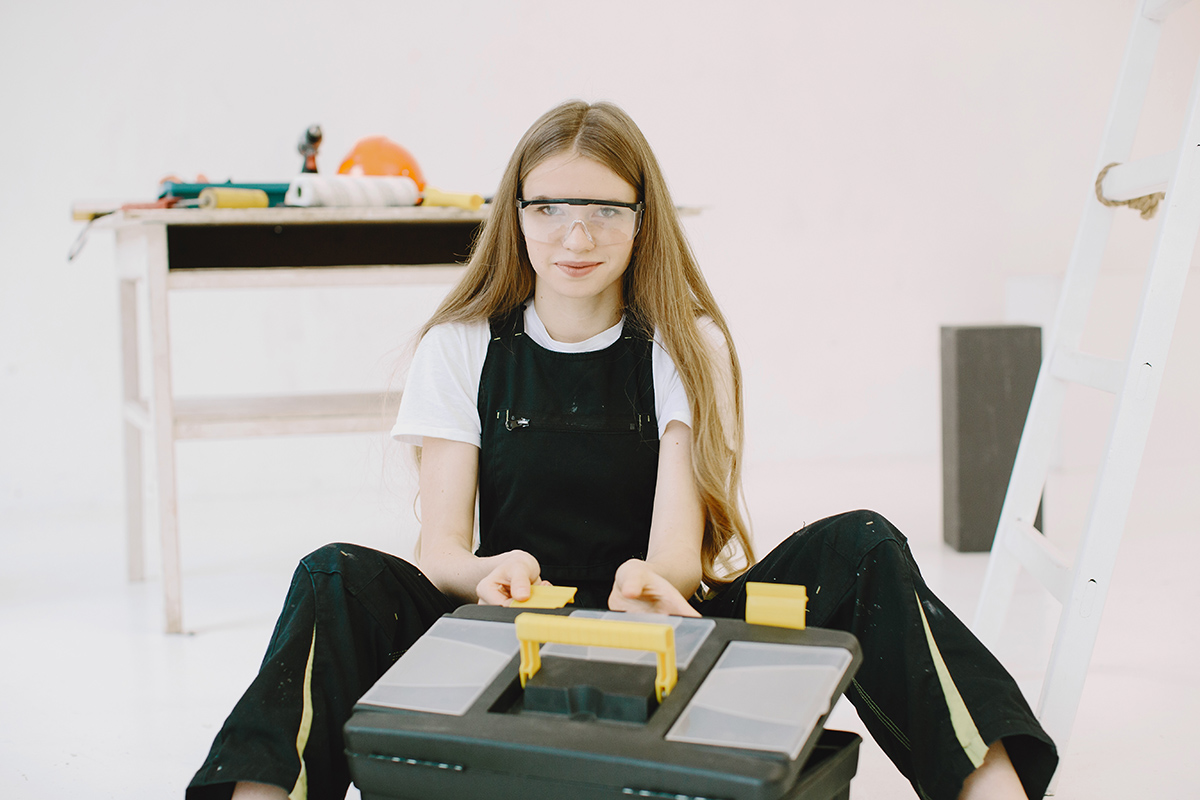 woman with special tools protective glasses
