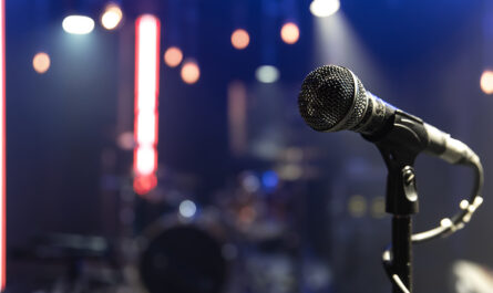 close up microphone concert stage with beautiful lighting