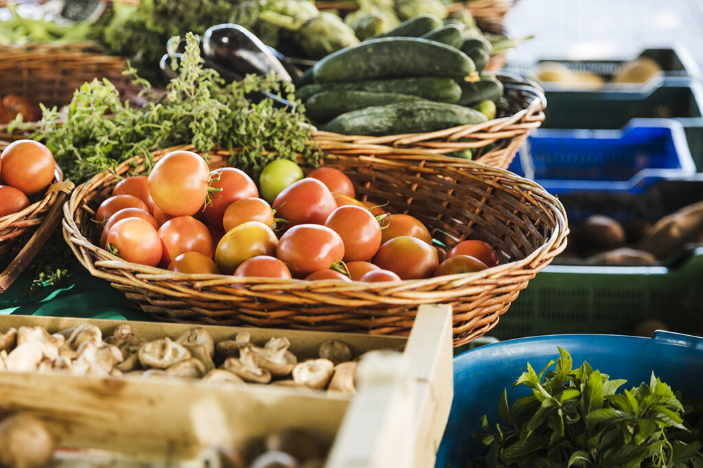 farmers food market stall with variety organic vegetable