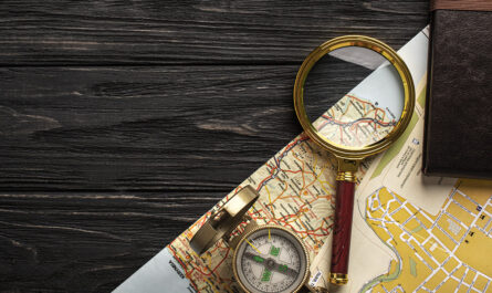 flat lay travel set with magnifying glass 1