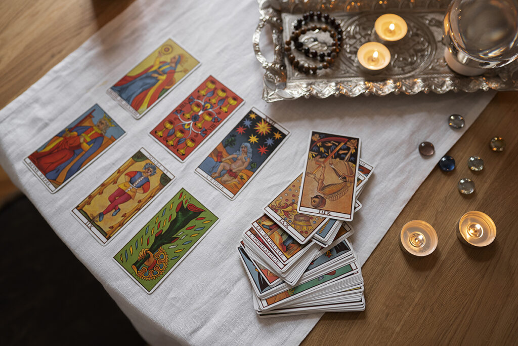 high angle tarot cards arrangement table