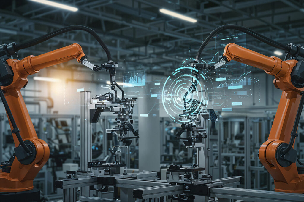 В Беларуси роботы начали собирать телевизоры с искусственным интеллектом 2 robotic arms modern factory setting