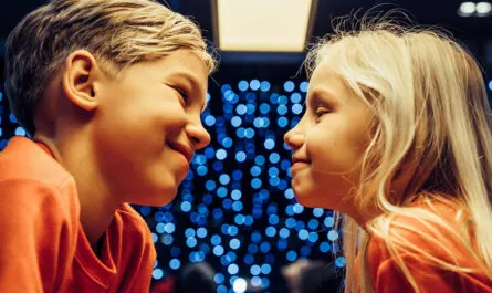 brother sister background festive garland new year lights children 1
